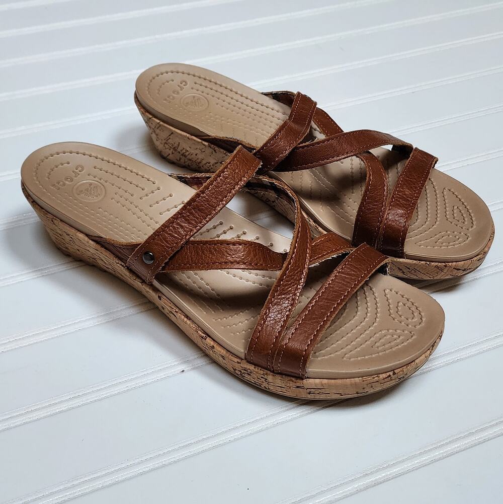 Crocs Women's A-Leigh Leather Strap Cork Wedge Sandals Size 10 Brown